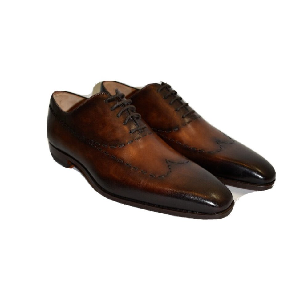 Magnanni Trey Square Toe Wingtip Oxford Brown Leather Size 40 21890
